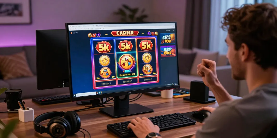 Player celebrating a win at a slot depo 5k online casino in a modern home setting.