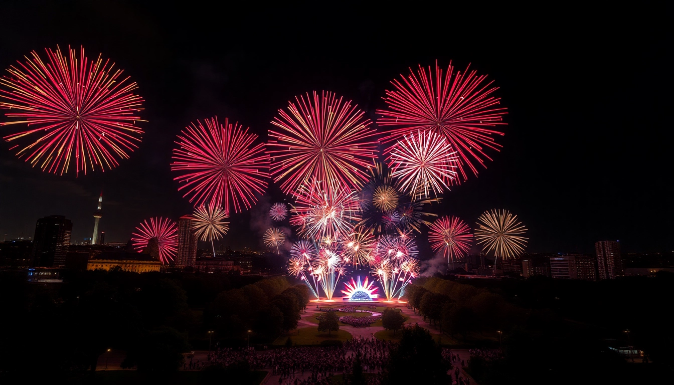 Spectacular manchester fireworks light up the night sky above a lively crowd celebrating an event.