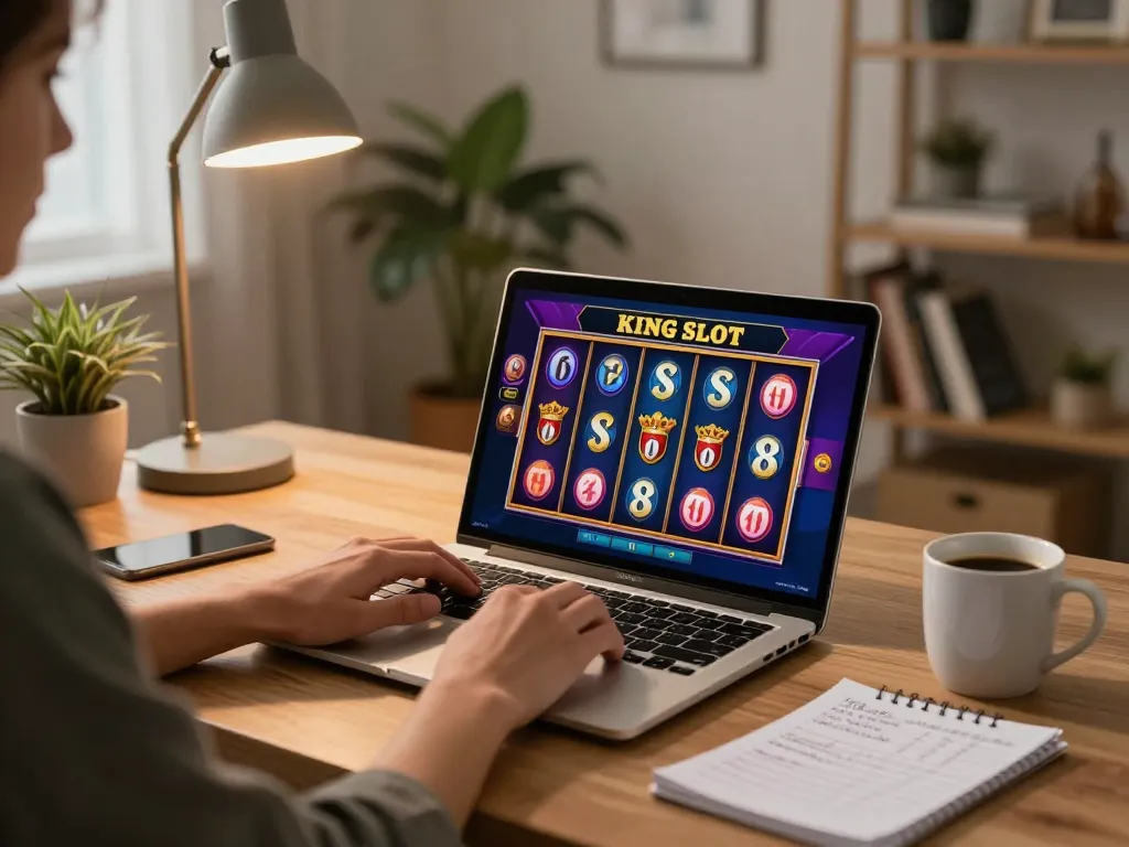 Engaging gameplay on a king slot in a cozy home office, showcasing strategic bankroll management.