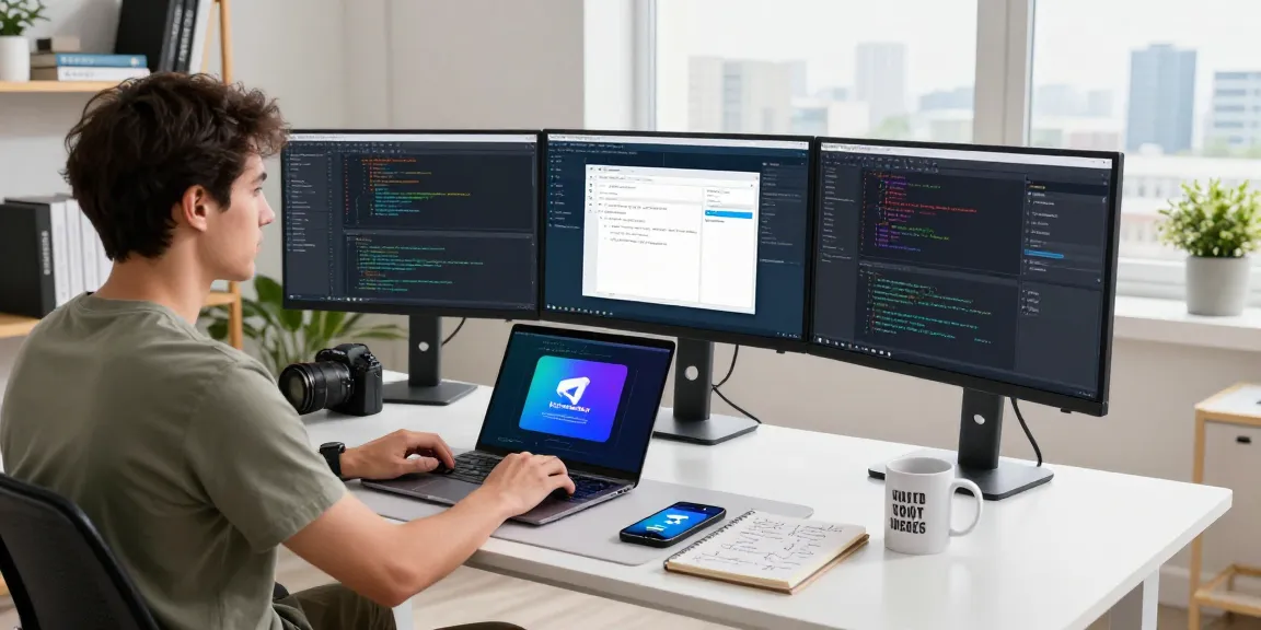 Developer coding Telegram APIs in a modern tech workspace showcasing innovation and productivity.