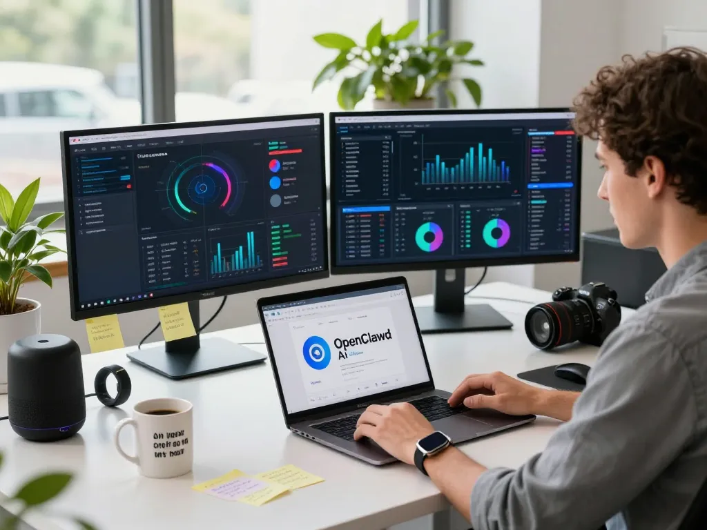 OpenClawd AI in a modern tech workspace with dual monitors, vibrant plants, and motivational elements enhancing productivity.