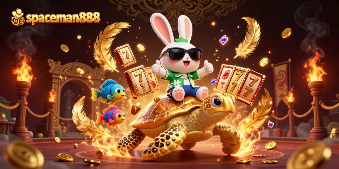 Experience the thrill of spaceman888 with a lucky rabbit and golden turtle in a vibrant casino adventure.