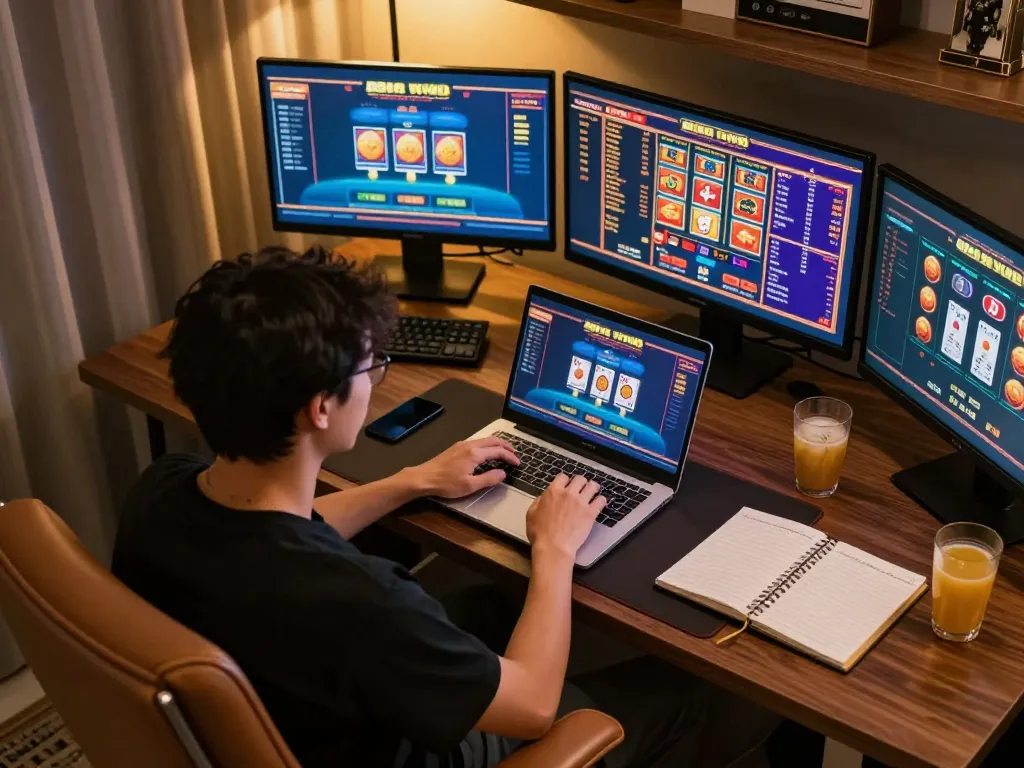 Engaged player strategizing with 888vnd online casino games in a modern home office.