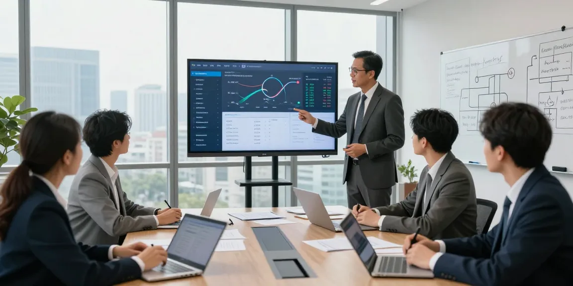 Team collaborating on asset tracing software in a modern conference room