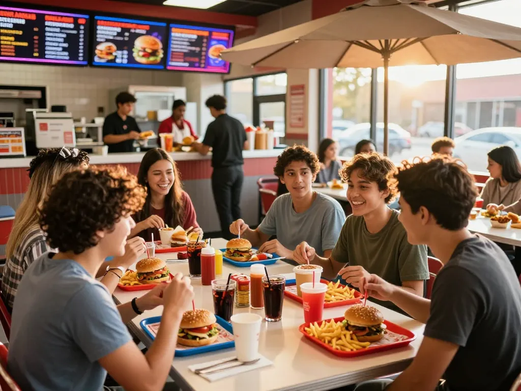 Fast food prices displayed on a vibrant menu in a busy restaurant during lunchtime.