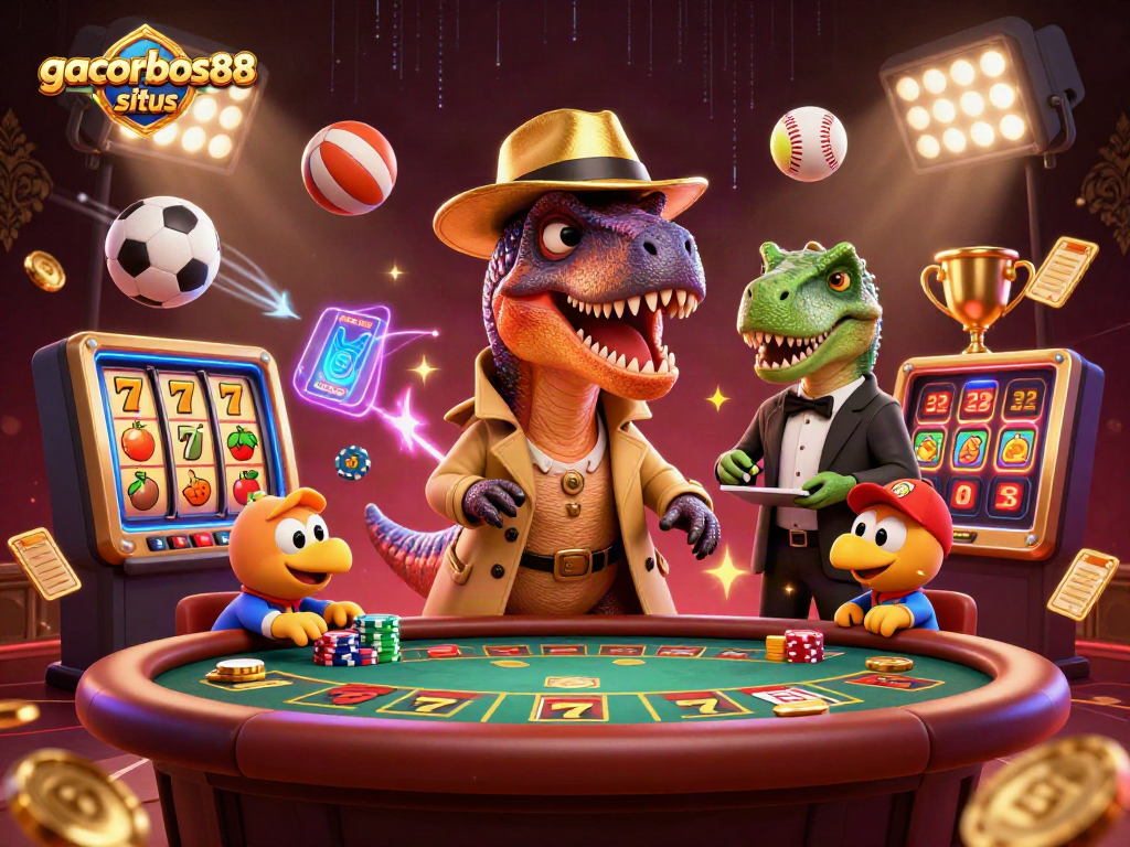 Engage with gacorbos88 situs: A velociraptor card counter at a blackjack table with sports elements.