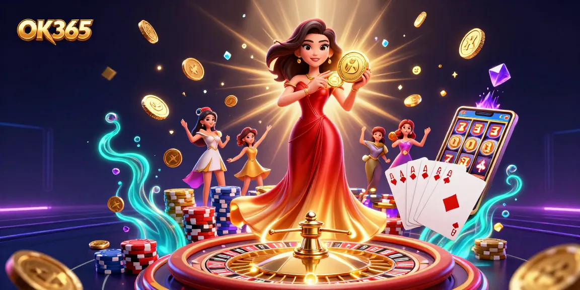 Engage in thrilling games at OK365 with a stunning Asian woman depicting casino excitement amidst golden coins.