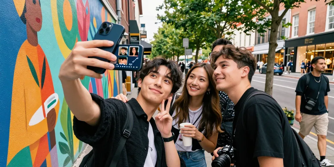 Person using AI to find look alikes of famous people while taking a selfie in an urban setting.