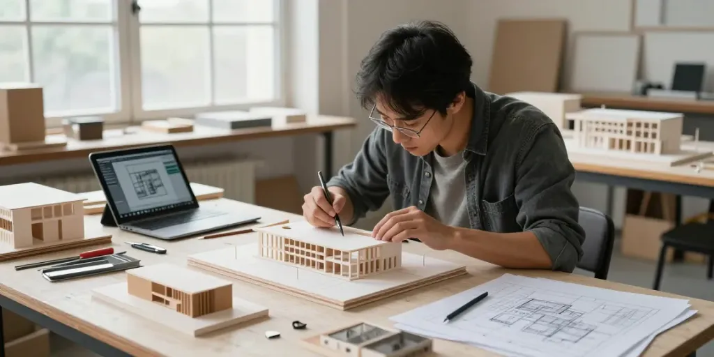 Architektur Modellbau Dortmund: Handwerker bei der Erstellung eines detailreichen Modells in einem kreativen Arbeitsumfeld.