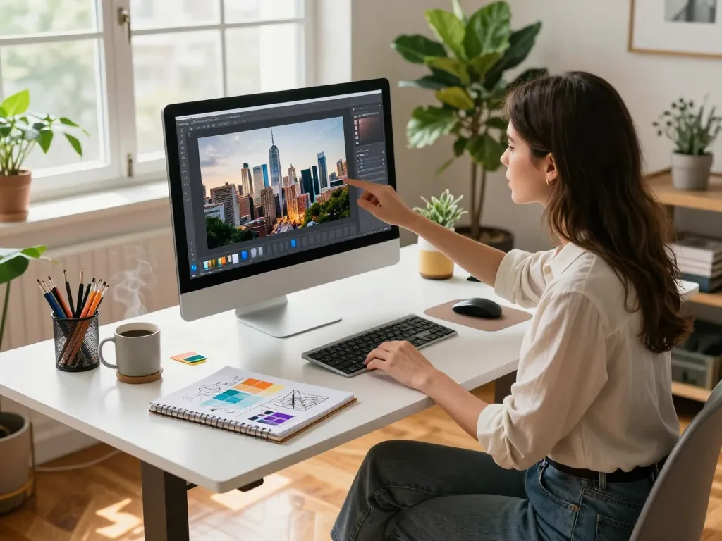 Modern workspace featuring a designer using an image to prompt generator on a sleek monitor.