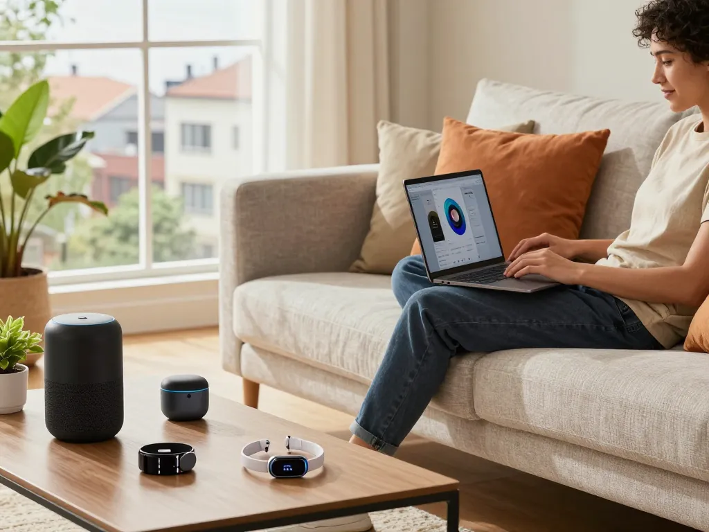 Exploring smart tech gadgets in a modern home setting, person effortlessly managing Bluetooth devices.