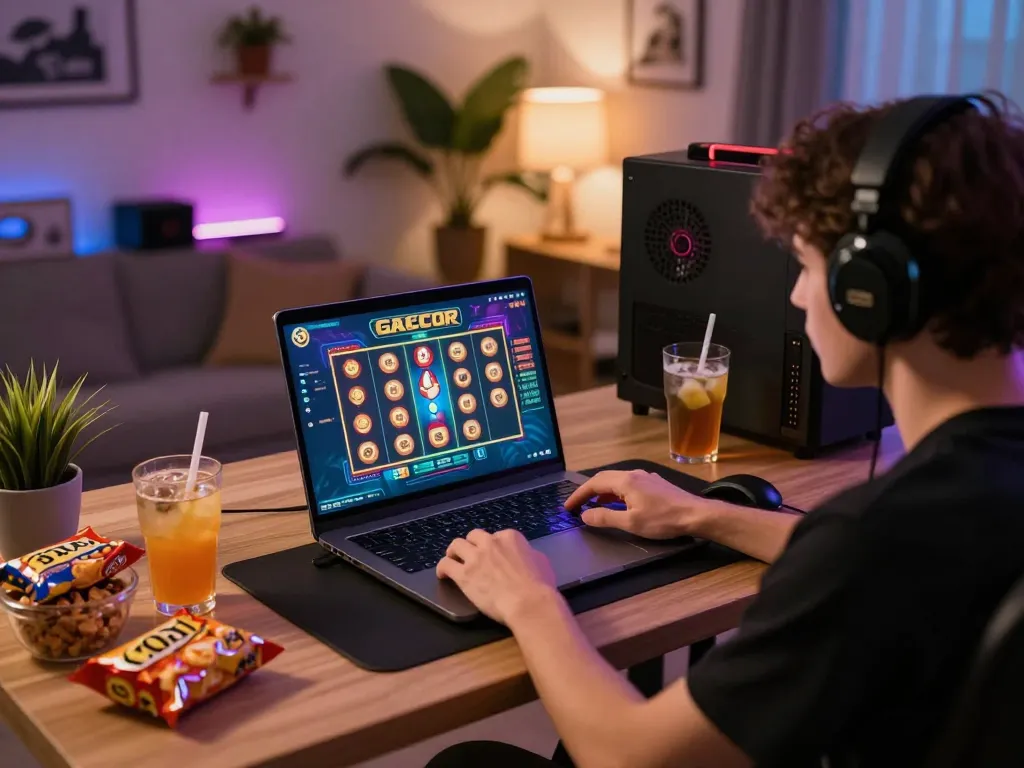 Engaging moment of slot gacor gameplay on laptop with snacks, promoting responsible gambling.