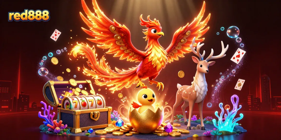 Experience the excitement of red888 with a vibrant casino scene featuring mythical creatures and treasure.