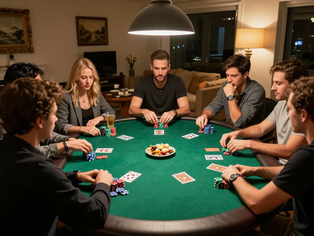 Onbet players engaging in an exciting home poker night with vibrant chips and community cards