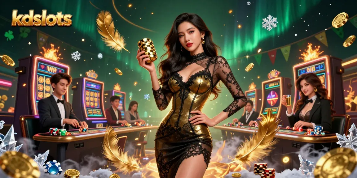 Experience big wins at kdslots with glamorous Asian woman at VIP slot machine surrounded by energetic players.