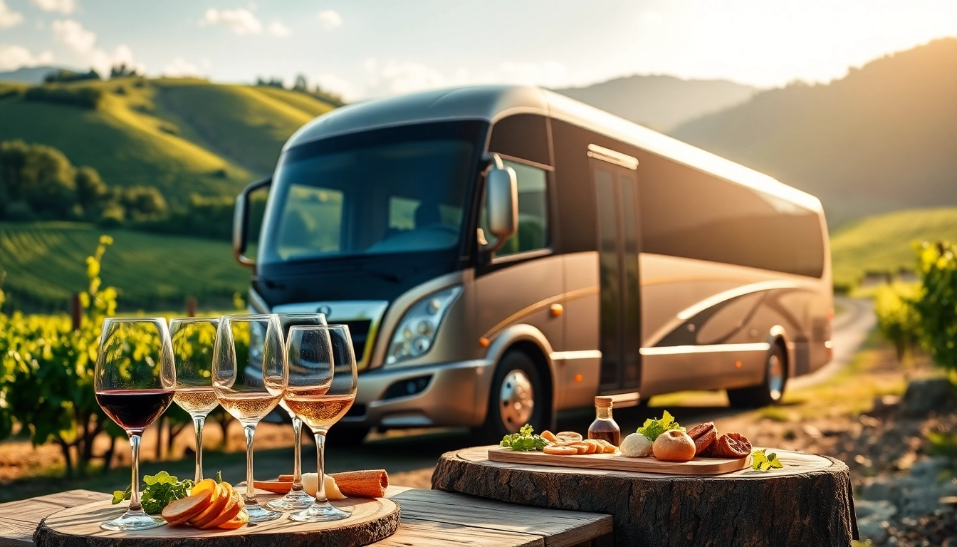Enjoy a scenic limo bus wine tour featuring elegant wine glasses in a beautiful vineyard.
