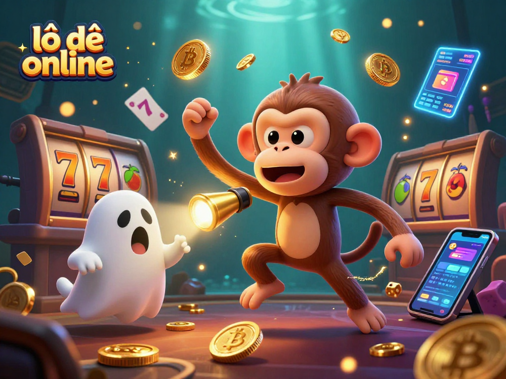 Engage in exciting lô đề online action with a mischievous monkey and ghost-hunter puppy in a vibrant casino.