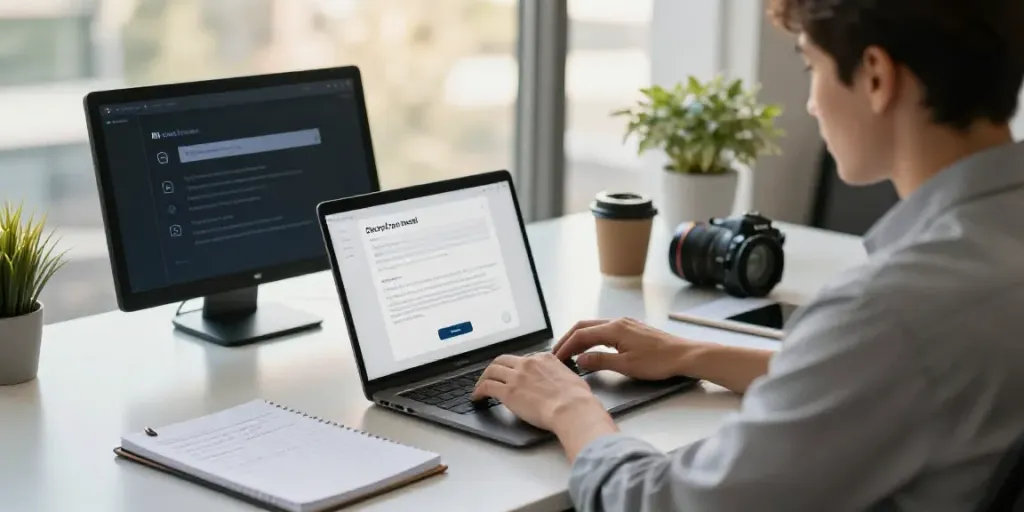 Effective follow-up email writing with AI in a professional office environment.