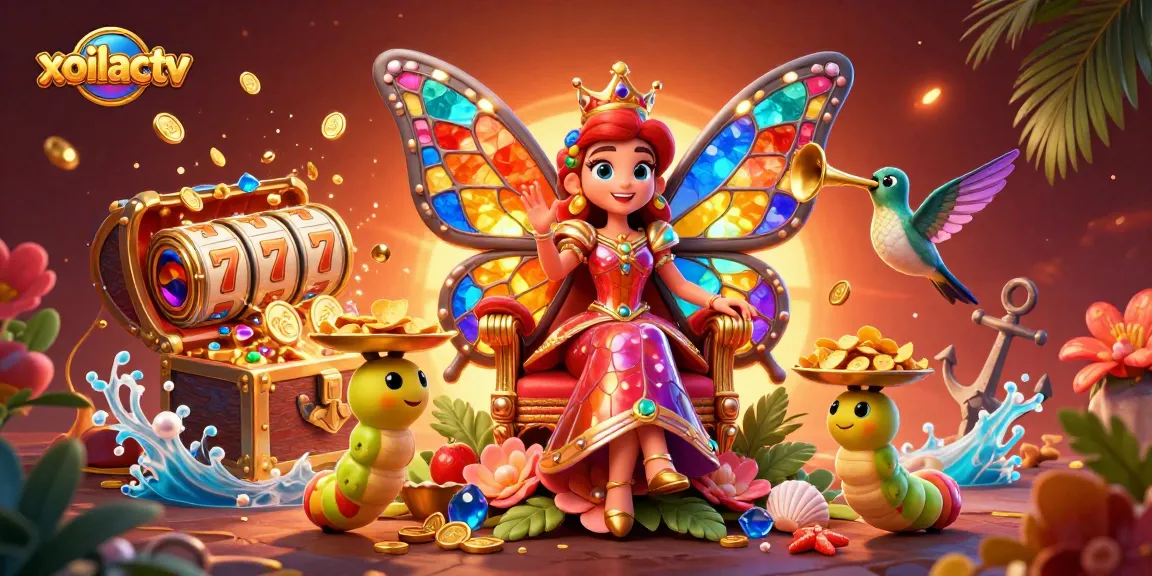 Engage with xoilactv's vibrant casino-themed illustration showcasing a magical butterfly queen.