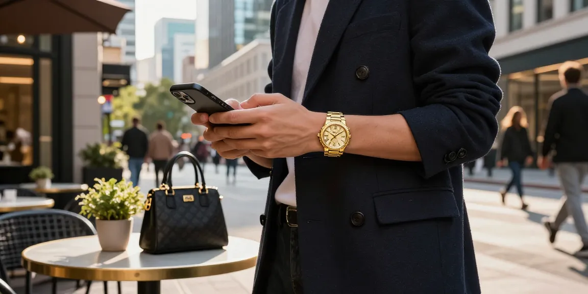 Stylish individual showcasing super clone watches in urban café setting, highlighting luxury fashion.