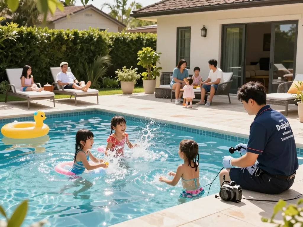 Children enjoying a pool while a technician from Dolphin Pool Services conducts maintenance, showcasing care and expertise.