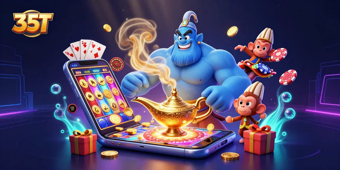 Experience the thrill with 35T's lively casino atmosphere featuring a magical genie and slot games!