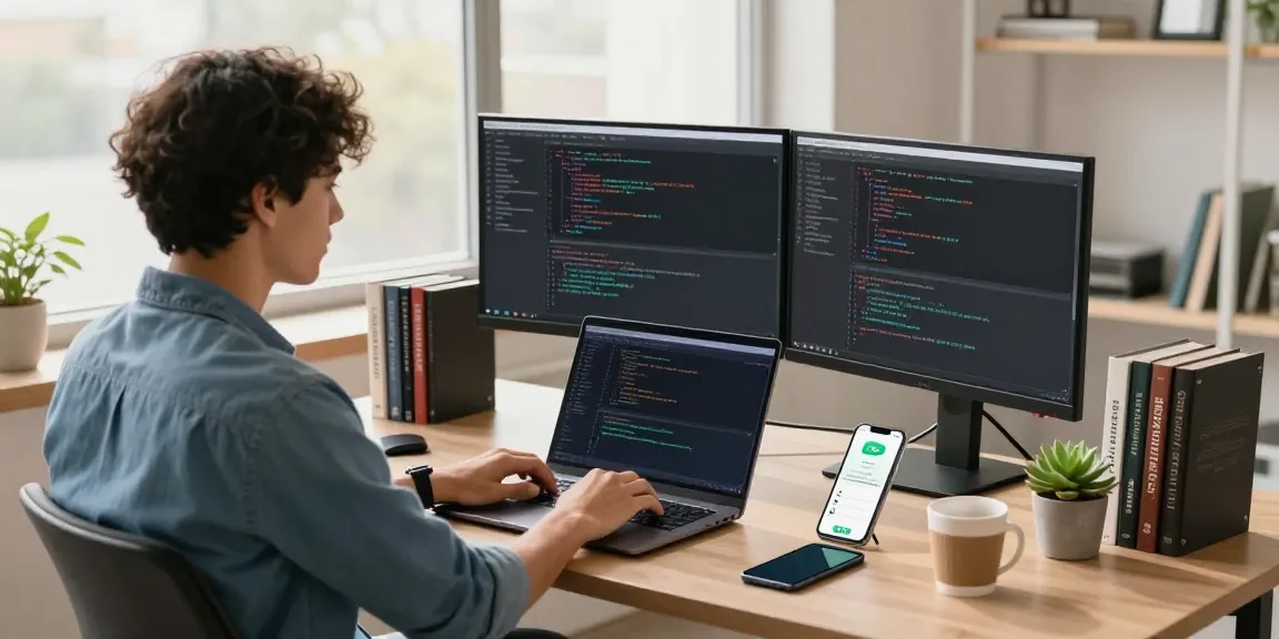 WhatsApp下載 workspace scene with developer coding on dual monitors, showcasing a productivity-driven environment.
