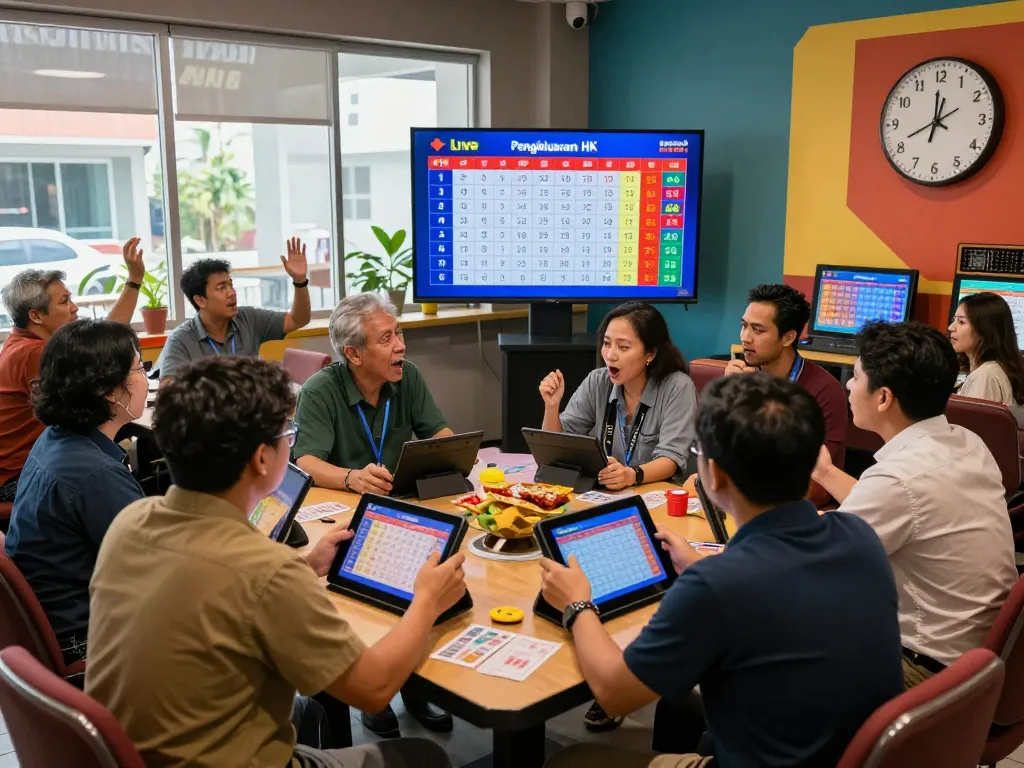 Live Pengeluaran HK results creating excitement among togel players at a modern gaming lounge.