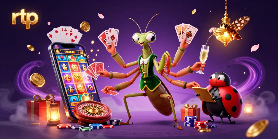 Engage with RTP strategies as a whimsical mantis card sharp and ladybug pit boss in a vibrant casino.
