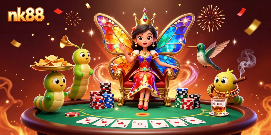 Engage with nk88 in a vibrant 3D casino scene featuring a butterfly queen and poker elements.