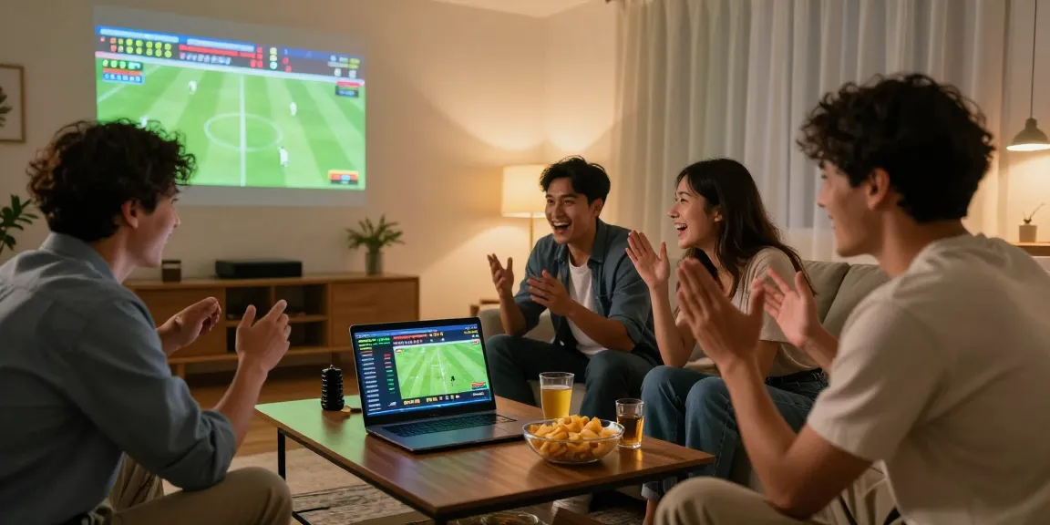 Friends enjoying SBOBET online betting while watching a live football match, capturing excitement and engagement.
