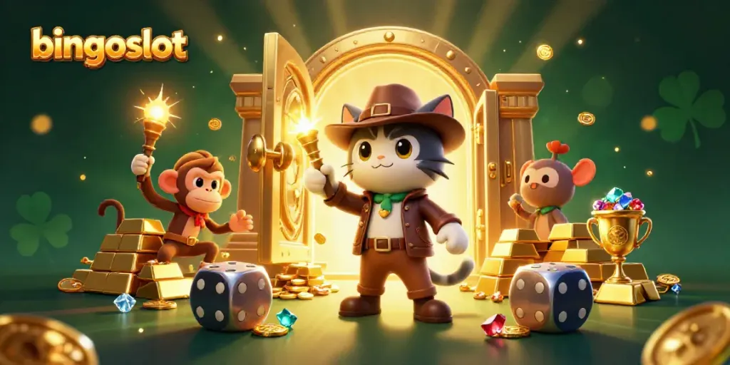 Jelajahi bingoslot video dengan kucing penjelajah dan monyet dalam suasana berkilau.