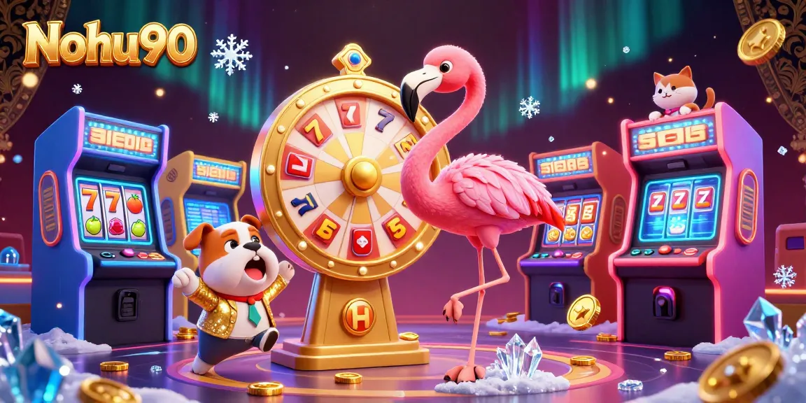 Nohu90's vibrant casino scene with a flamingo host and excited bulldog in a lively game atmosphere.