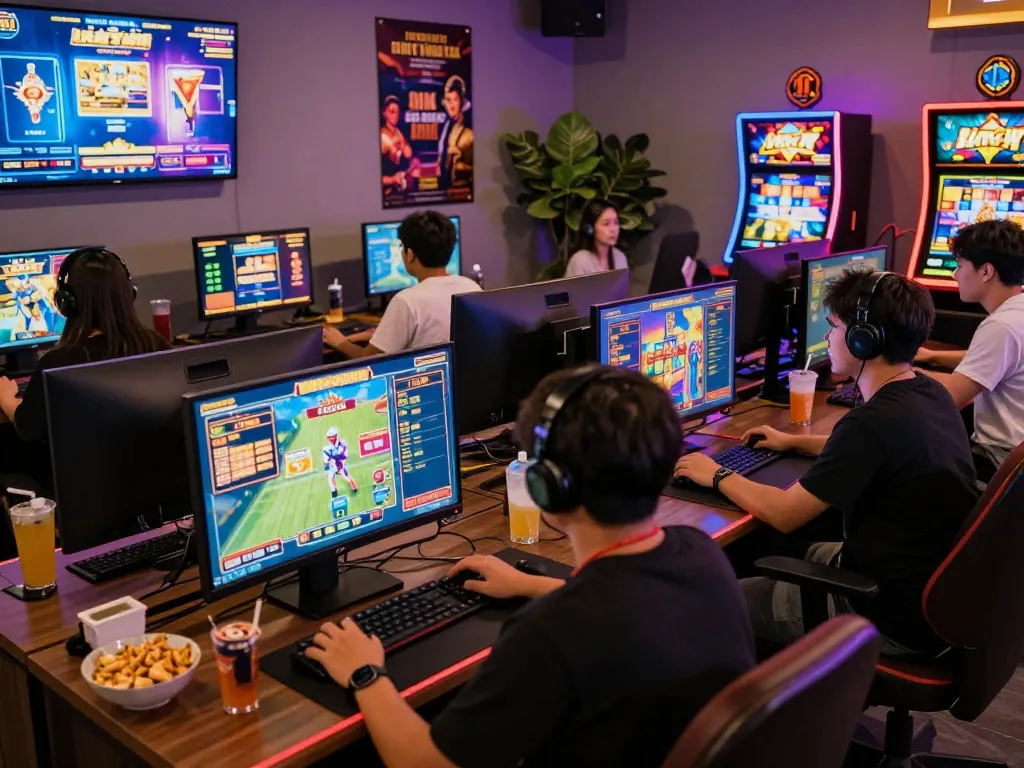 Players excitedly engaging with slot gacor games in a vibrant online gaming lounge, showcasing modern setups and colorful screens.
