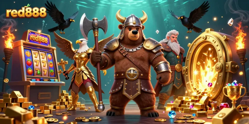 Experience the excitement of red888 with a vivid scene of Viking and casino elements.