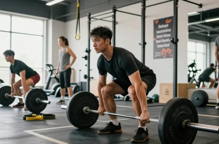 Man lifting weights at Driada Medical Shop gym, showcasing strength training and fitness dedication.