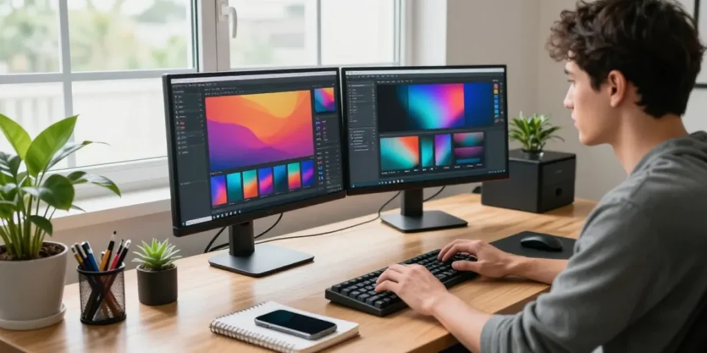 Capture of a developer using 截图工具 in a modern tech workspace, with dual monitors and ergonomic setup.