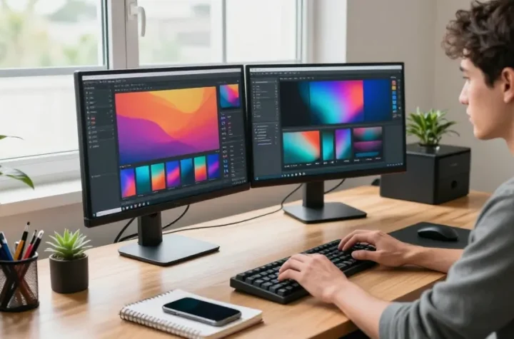 Capture of a developer using 截图工具 in a modern tech workspace, with dual monitors and ergonomic setup.