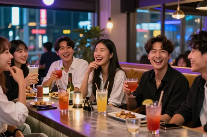 퀸알바와 함께하는 강남의 활기찬 밤문화, 바에서 즐거운 친구들.