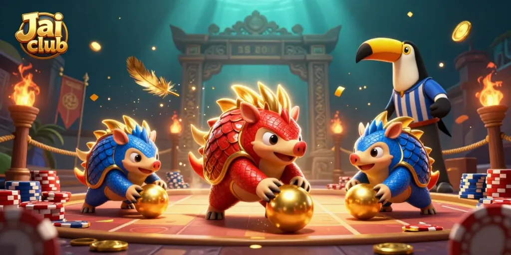 Engage in thrilling Jai club gameplay as rival pangolins roll towards golden balls amidst betting tokens.