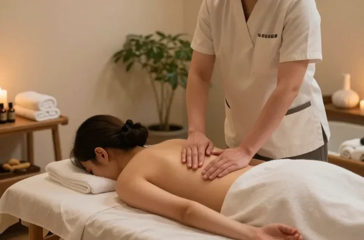 Relaxing Seoul출장안마 session in a tranquil wellness center with soft ambient lighting and soothing decor.
