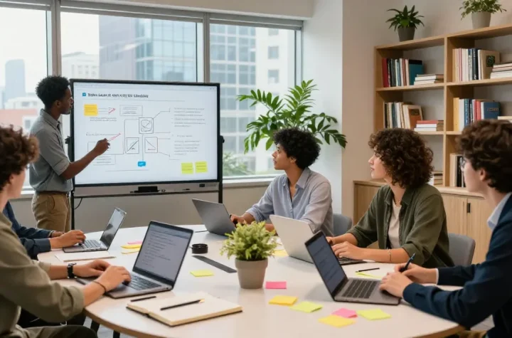Collaborative team discussing strategies in modern office; visit our blog for insights.