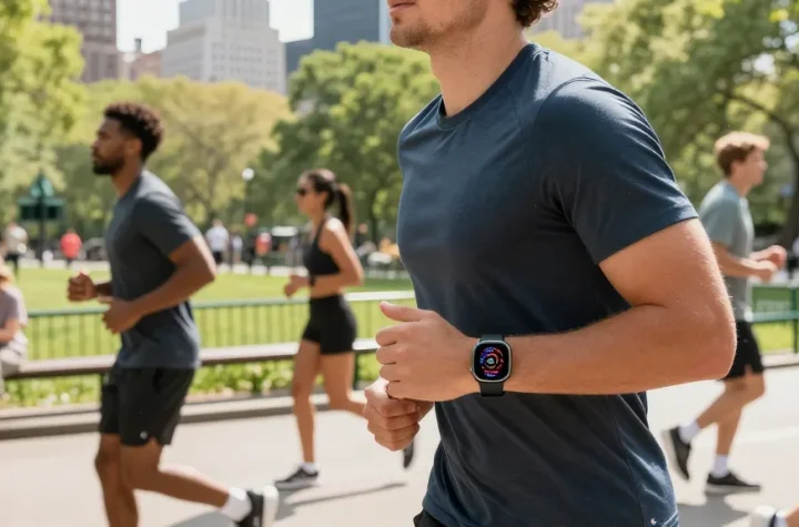 Fitbit Luxe yang stylish dipakai oleh pelari di taman kota, menampilkan fitur kesehatan di https://www.polarfitbitshop.com/fitbit-luxe/.