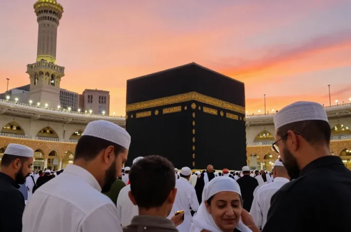 Experience the beauty of Umroh Ramadhan in 2026 at the Holy Kaaba during sunset, showcasing a vibrant travel and spiritual adventure.