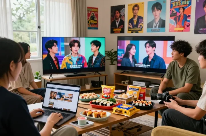 Engaging scene with friends exploring https://hanadultalk.com, enjoying Asian culture and cuisine in a cozy setting.